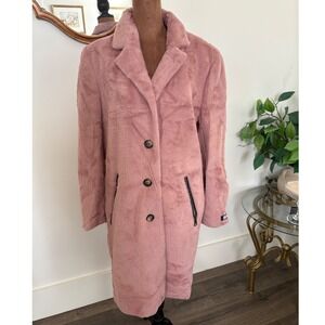 DKNY Plush Faux Fur Coat Button Front Pink Zipper Pockets Small Chic NWOT